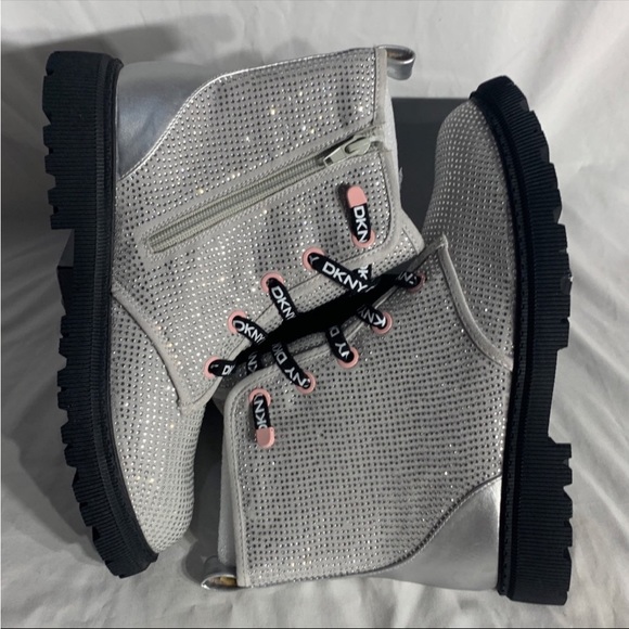 DKNY Silver Black Rhinestone Combat Boots New With Box - Picture 6 of 7